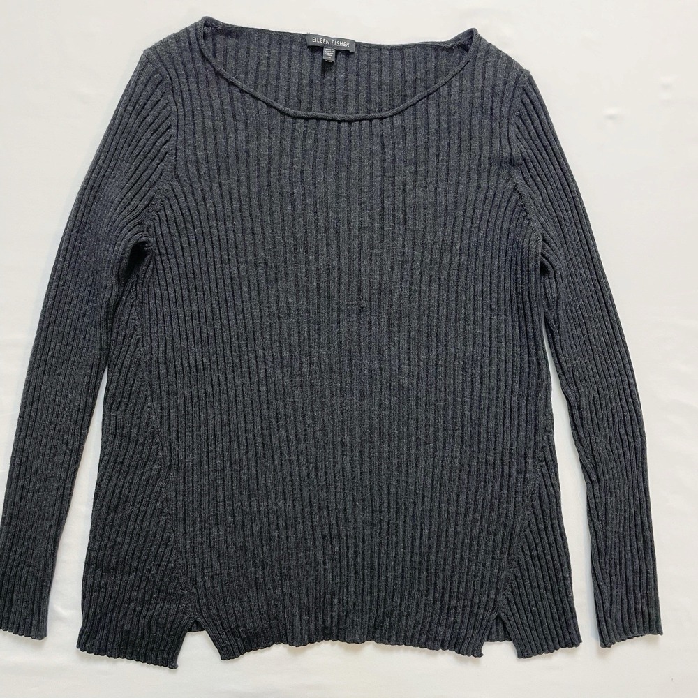 Eileen Fisher Womens Merino Wool Long Sleeve Round Neck Ribbed Knit Top Gray XS